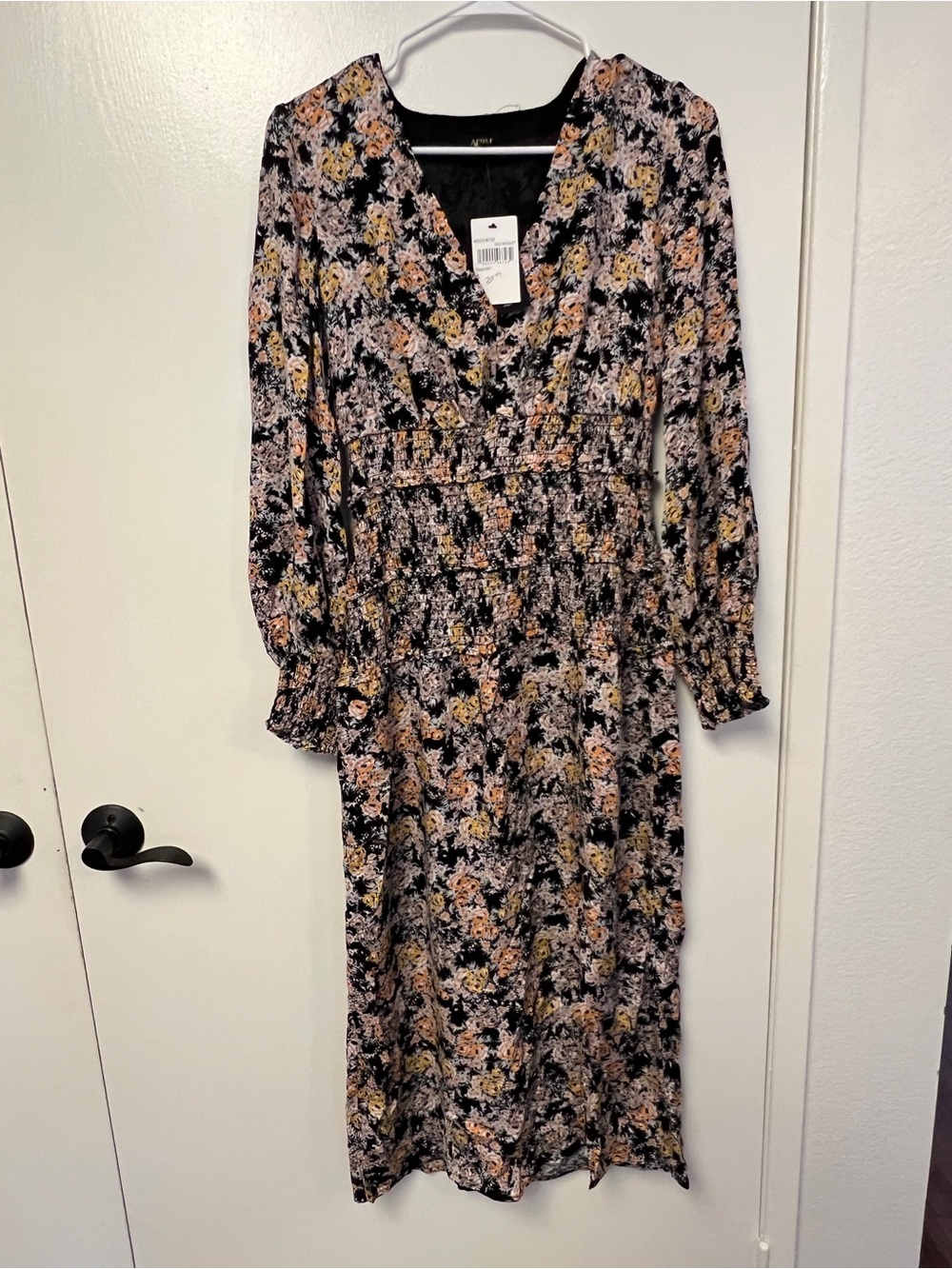 AFRM Black Floral Long Sleeve Midi Dress with Peach and Cream Blooms
